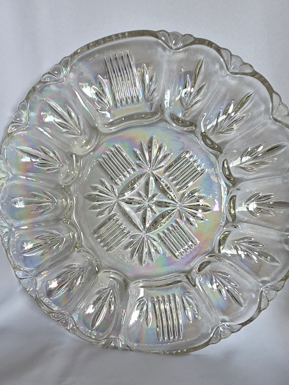 Vintage Federal Glass Borealis Deviled Egg Plate Iridescent Aura 1950s Serveware